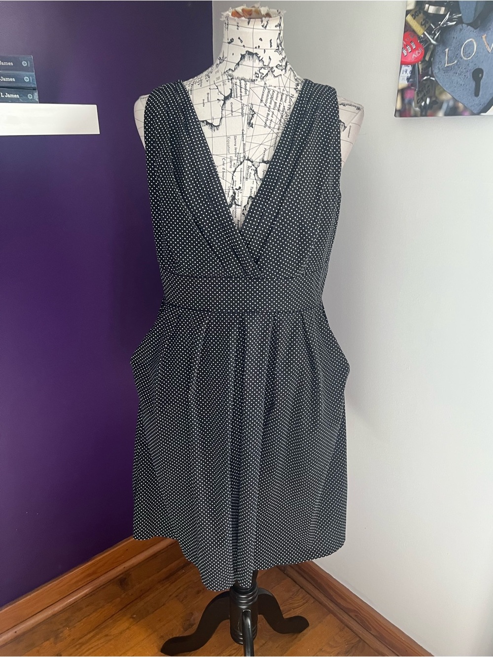 Corey P. Black Polka Dot Sleeveless Dress with Pockets